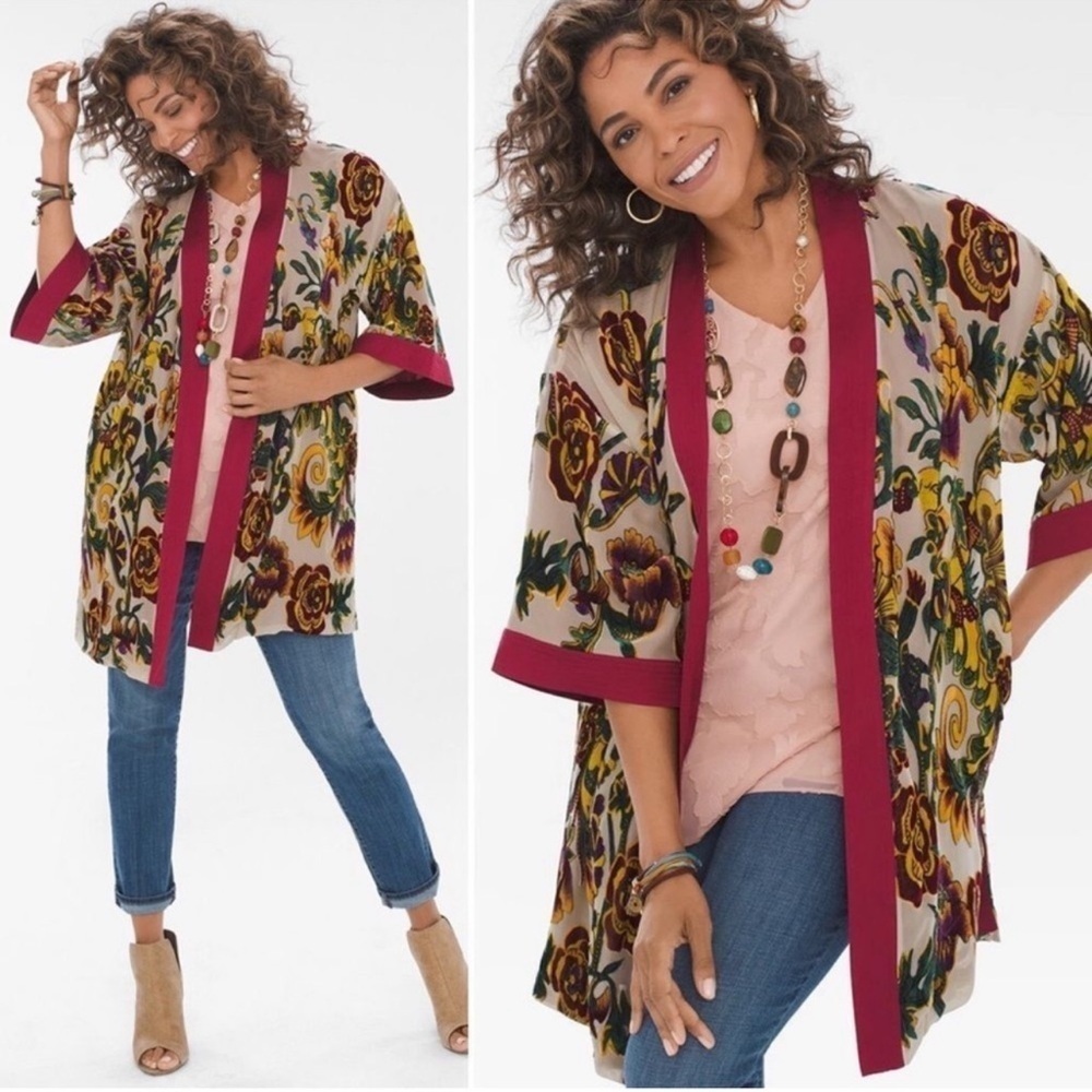 Chicos Heritage Silk Floral Velvet Burnout Kimono, contrasting satin lining, S/M